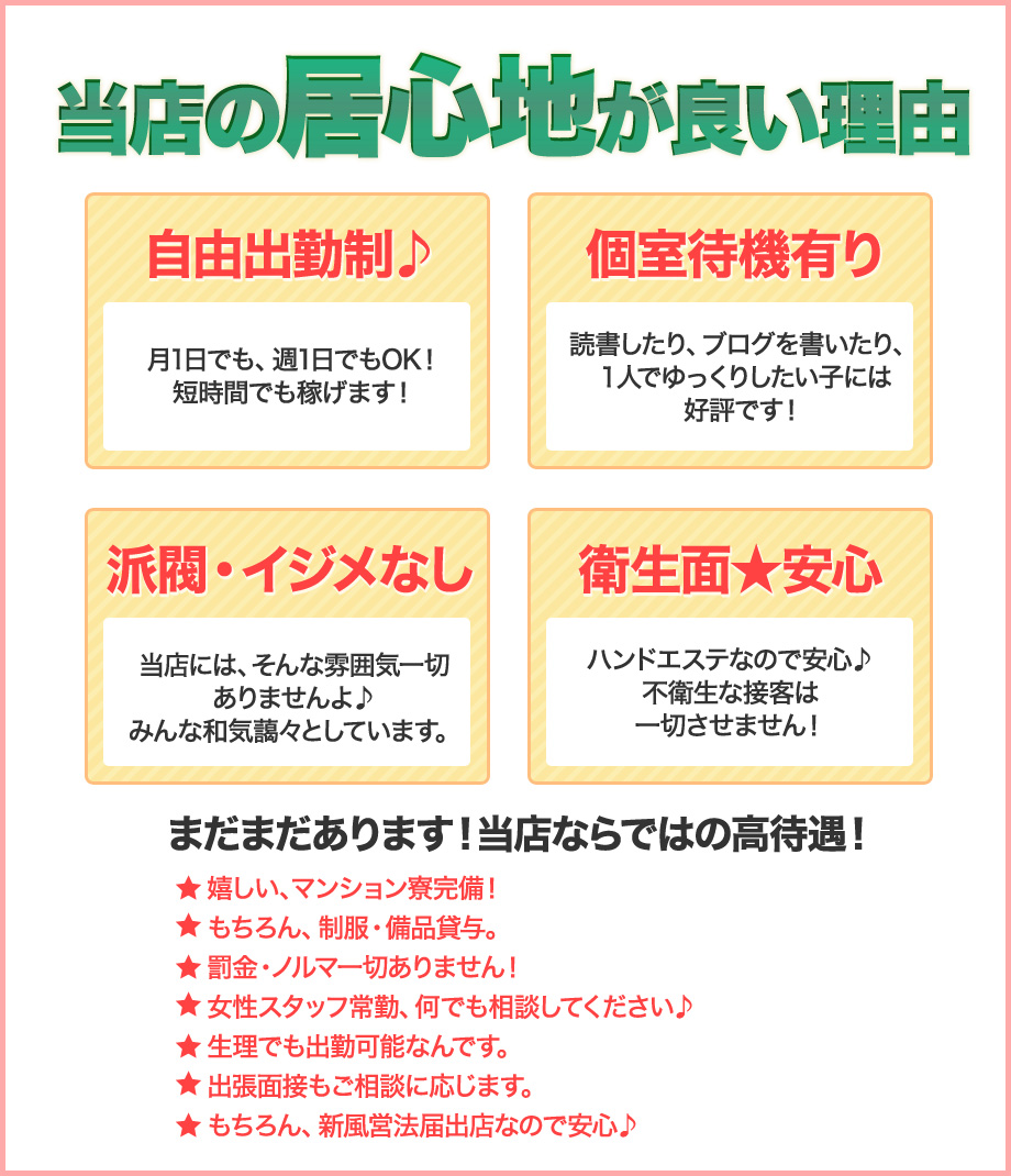 当店の居心地がいい理由…自由出勤制、固執待機あり、派閥・イジメなし、衛生面で安心